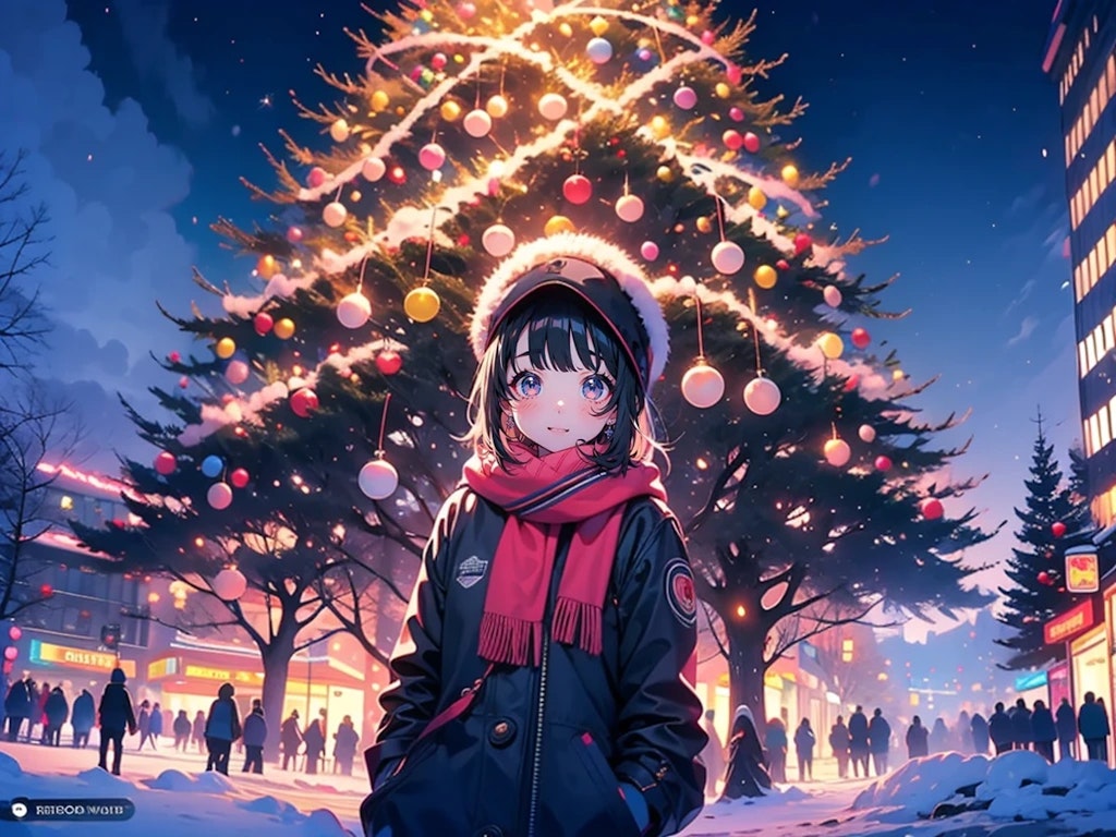 Snowy street with Christmas tree and girl