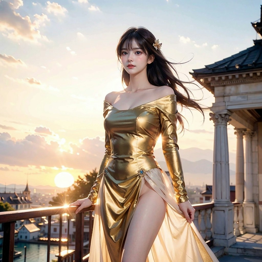 Golden dress princess against the warm hues of the sunset