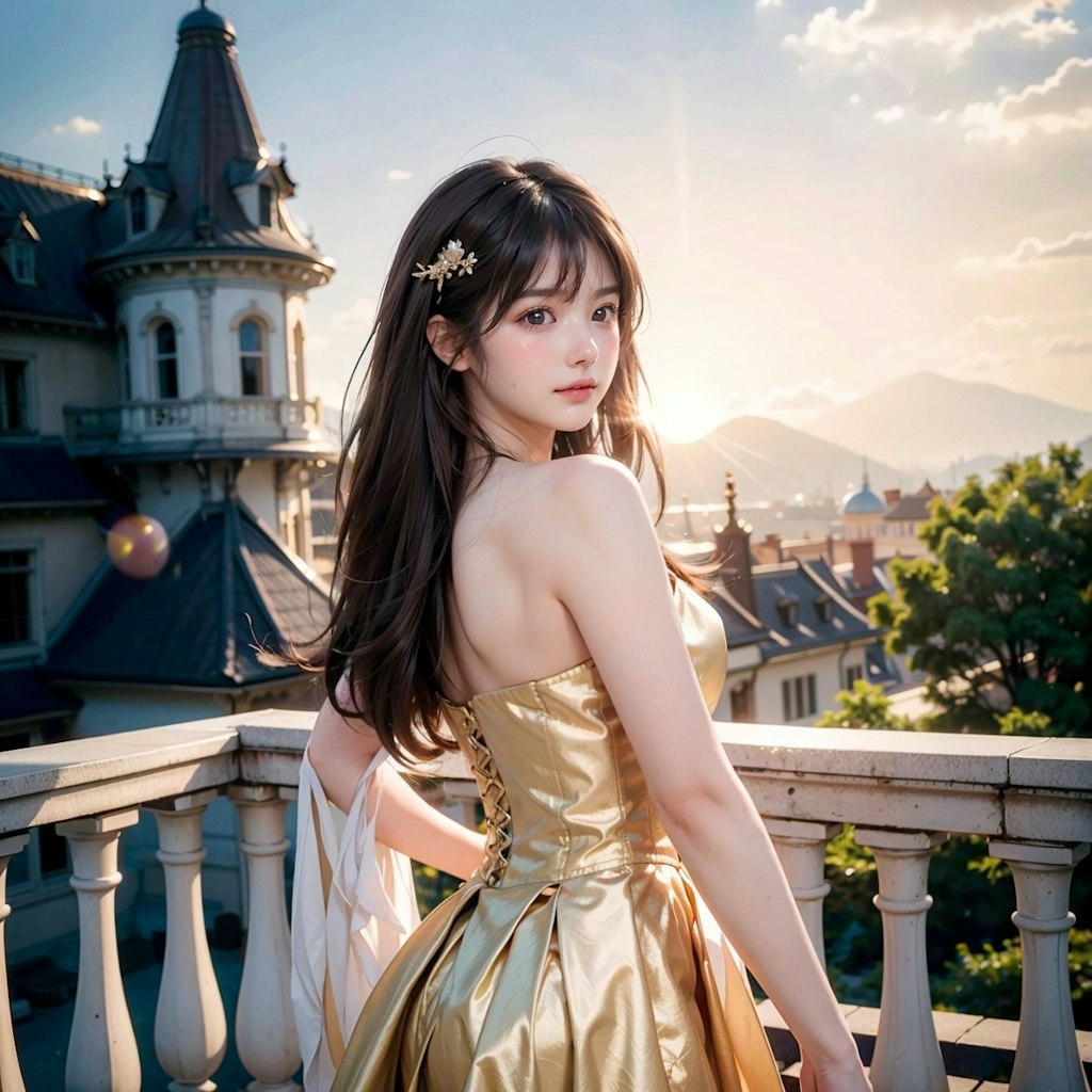 Golden dress princess against the warm hues of the sunset