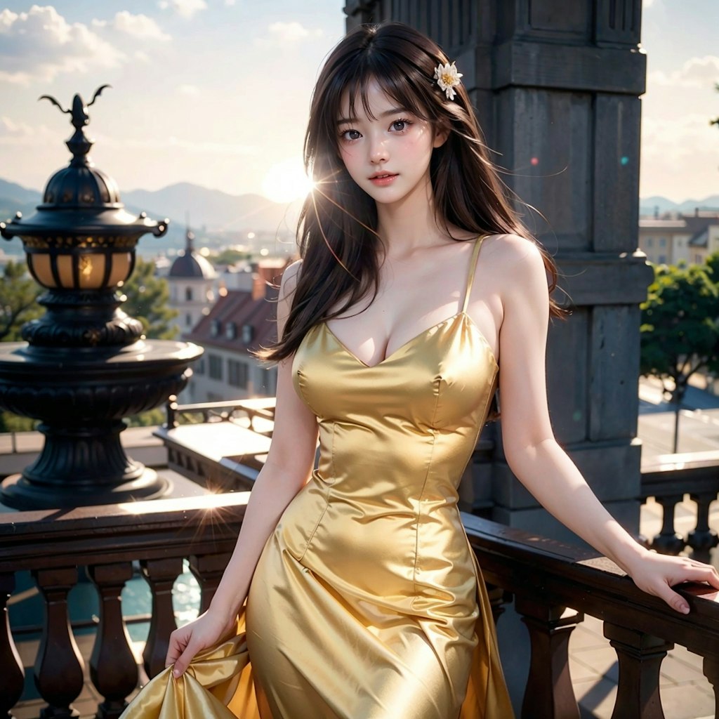 Golden dress princess against the warm hues of the sunset