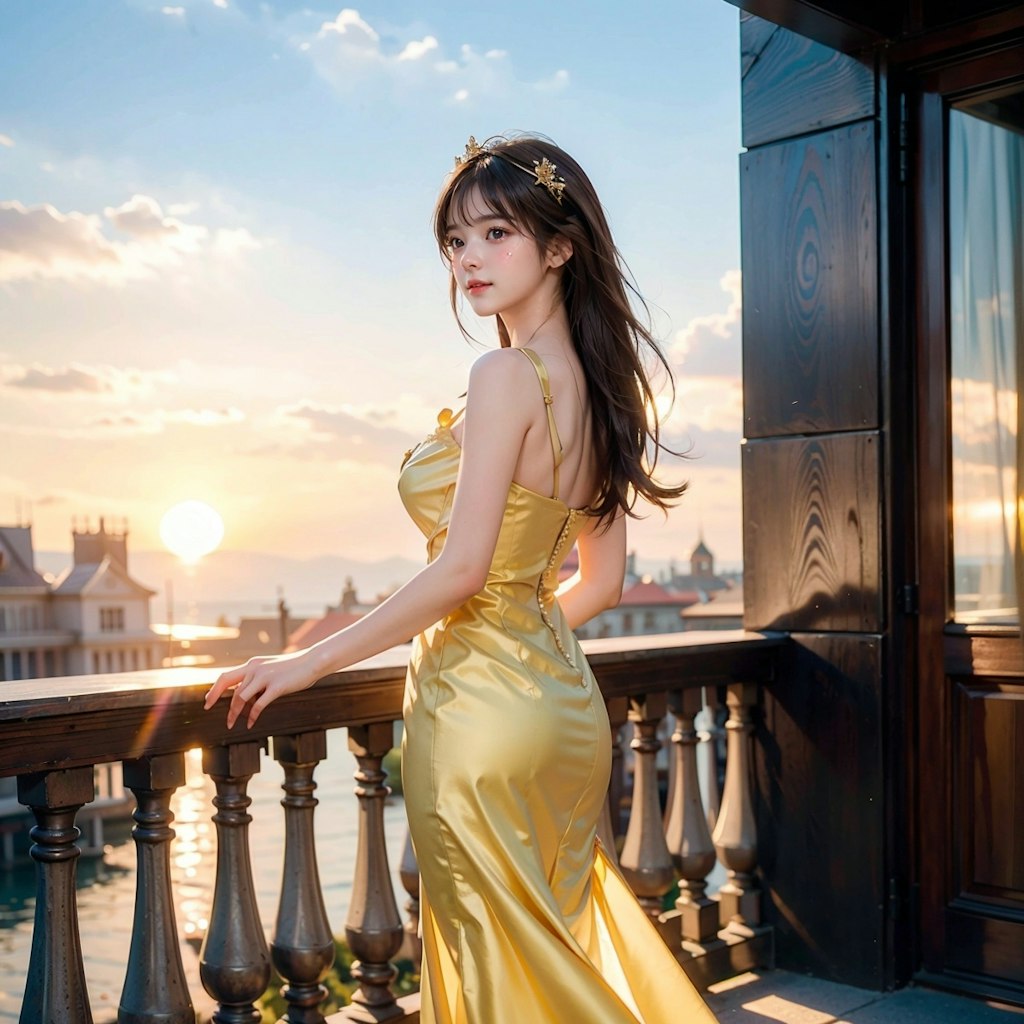 Golden dress princess against the warm hues of the sunset