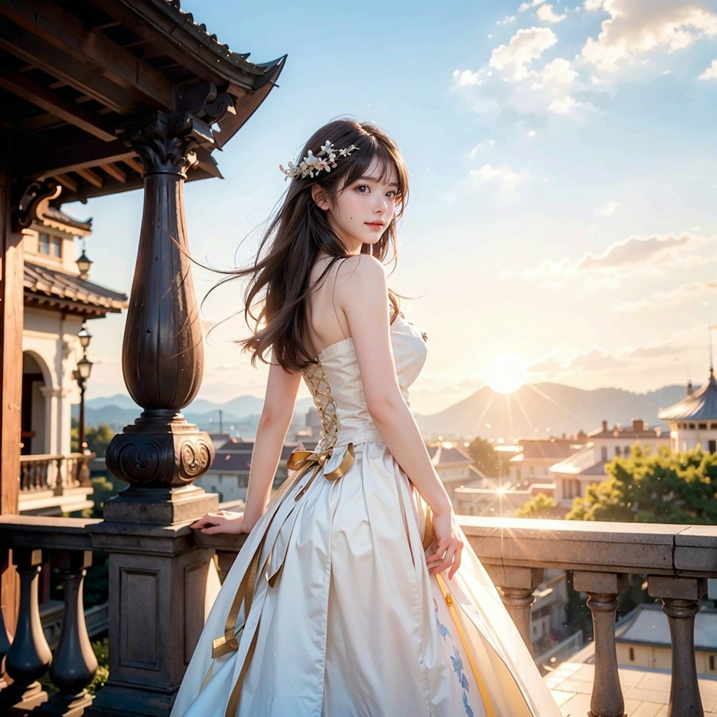 Golden dress princess against the warm hues of the sunset