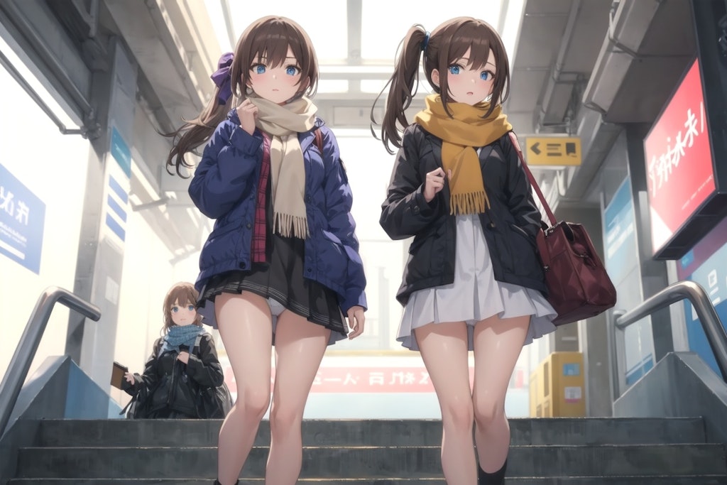 駅の階段を降りる少女