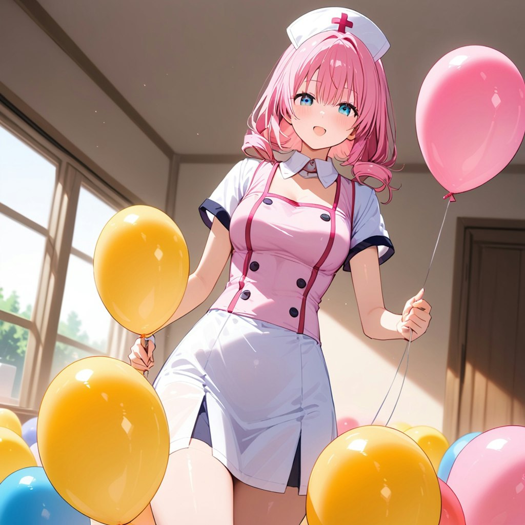 部屋の中いっぱいに風船を膨らませて遊ぶピンクのナース服の美女