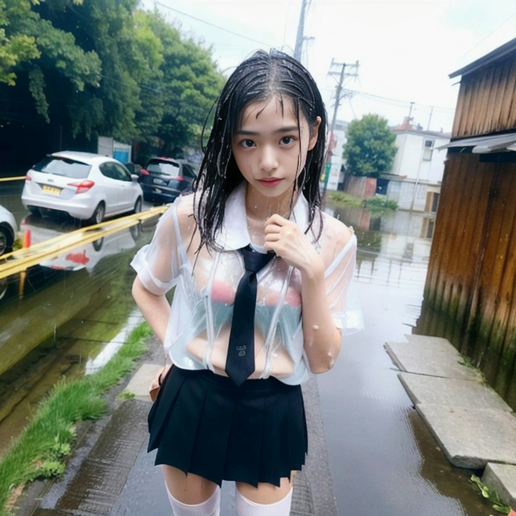 雨濡れ透け女子③