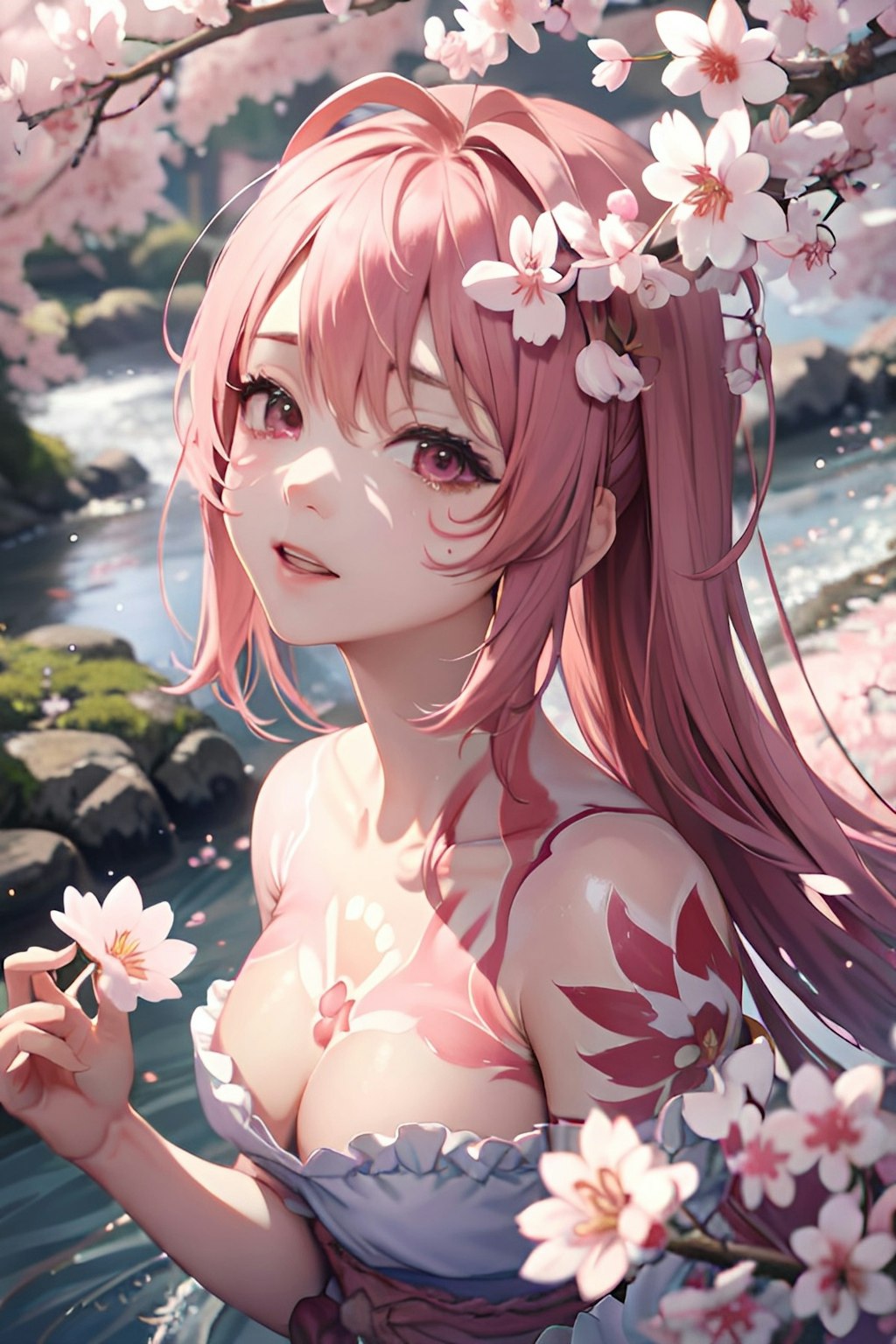 桜テーマのボディペイント美少女