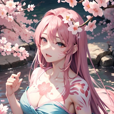 桜テーマのボディペイント美少女