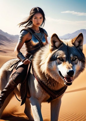 A warrior girl riding a wolf in the middle of the desert