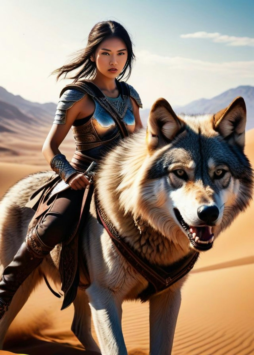 A warrior girl riding a wolf in the middle of the desert