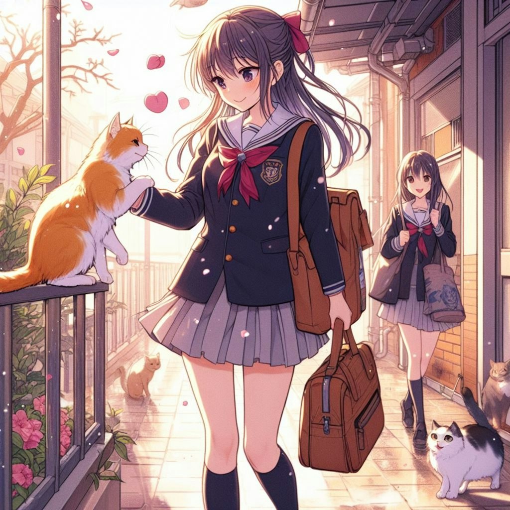 下校中に猫と遊ぶ女子高校生