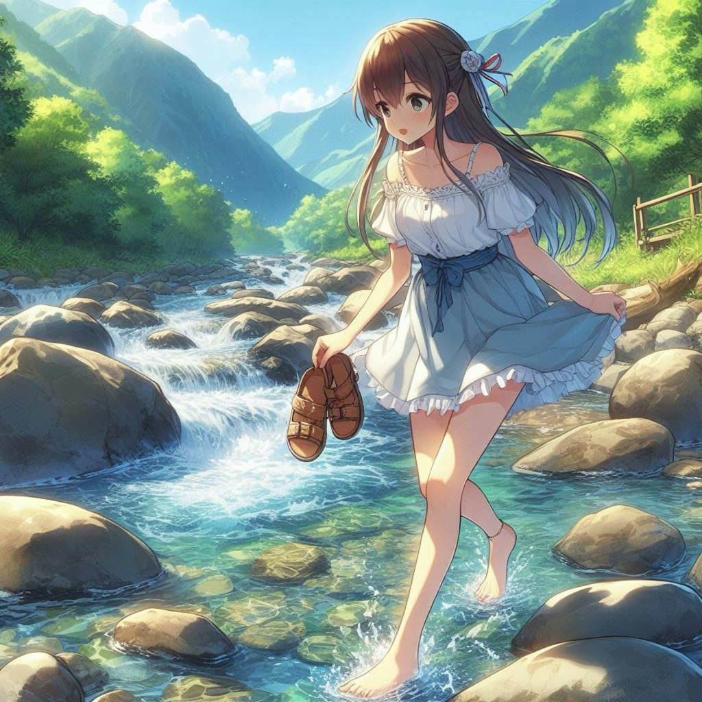 夏河を越すうれしさよ手に草履・女の子編