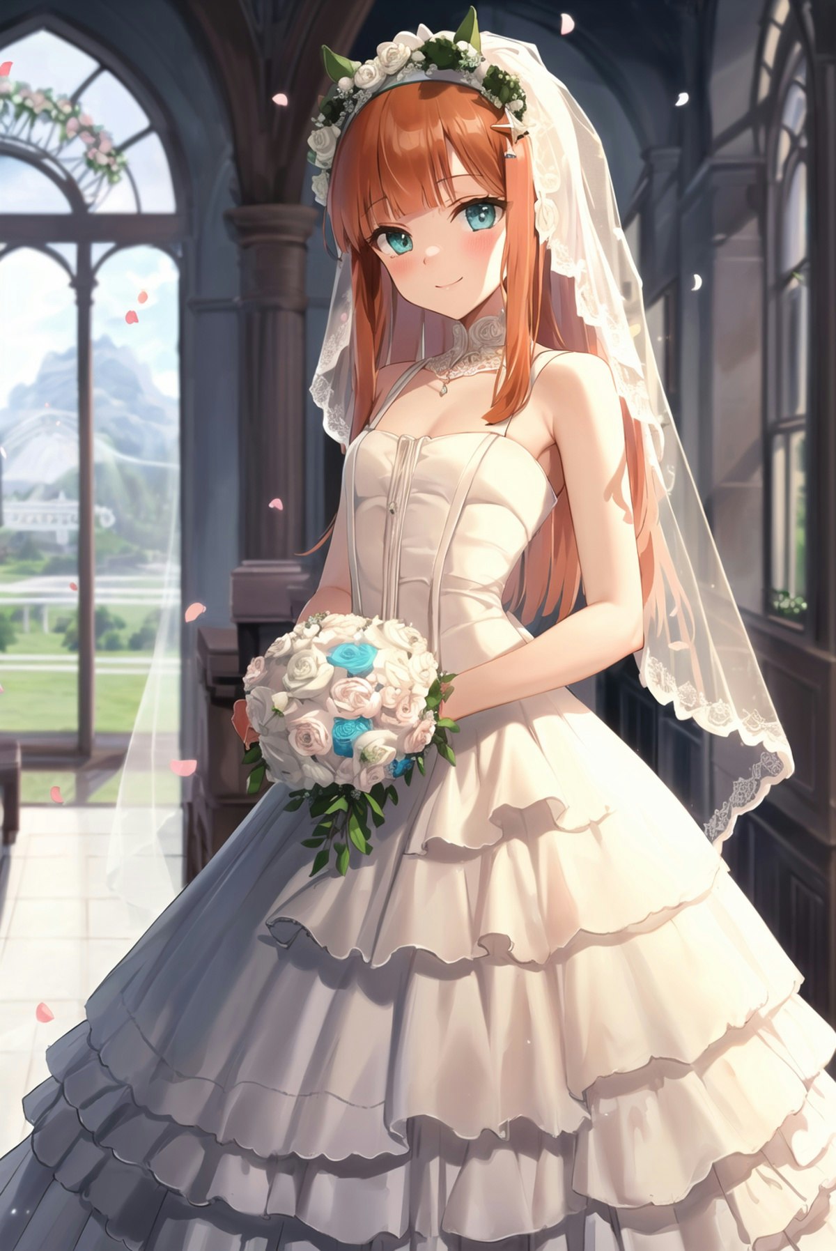 ウエディングドレス姿でピンク髪の可愛い女の子 イラスト