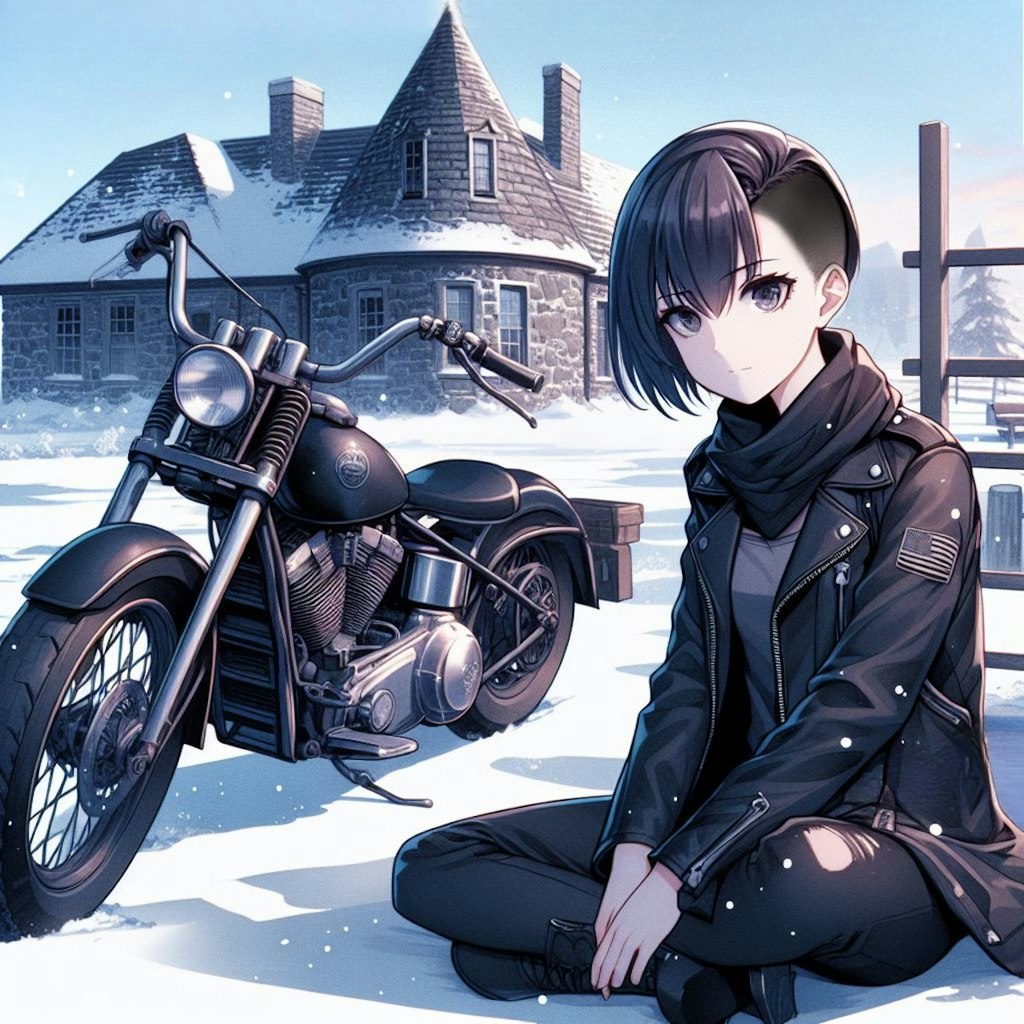 雪原の洋館と黒いバイク乗り