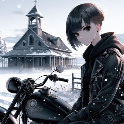 雪原の洋館と黒いバイク乗り