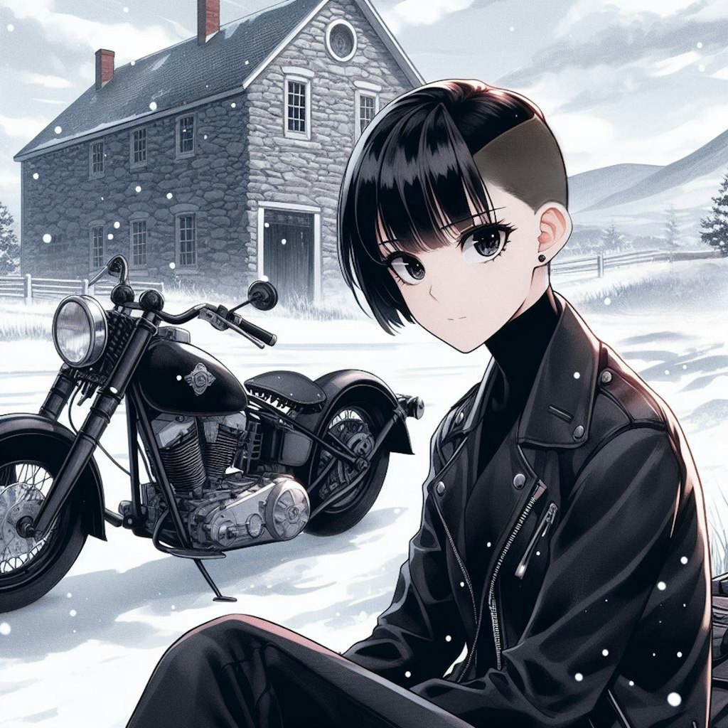 雪原の洋館と黒いバイク乗り