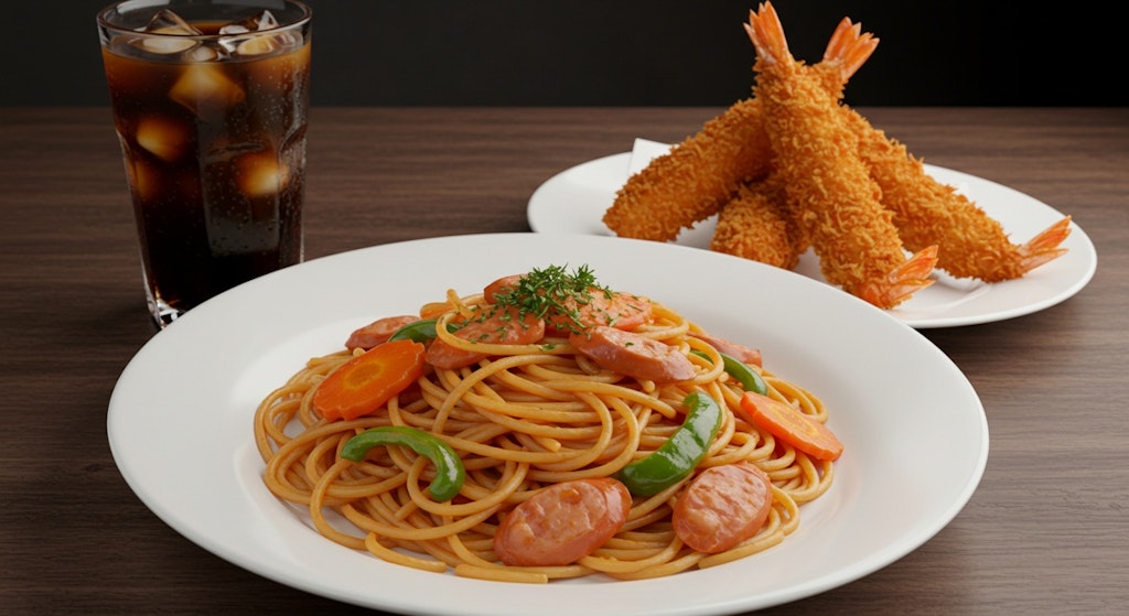 深夜食堂のナポリタンとエビフライのセット