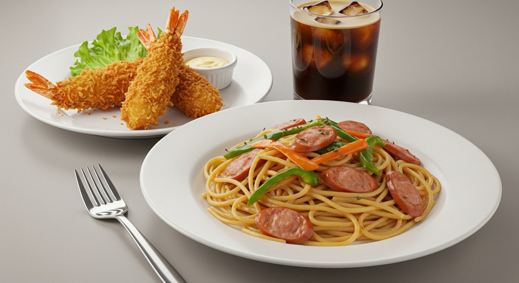 深夜食堂のナポリタンとエビフライのセット