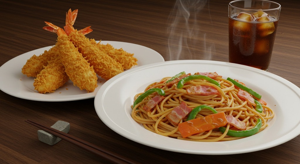 深夜食堂のナポリタンとエビフライのセット