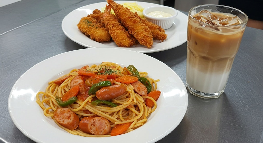 深夜食堂のナポリタンとエビフライのセット