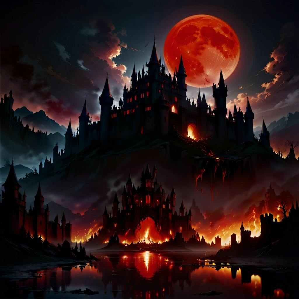 赤い月と燃え上がる山