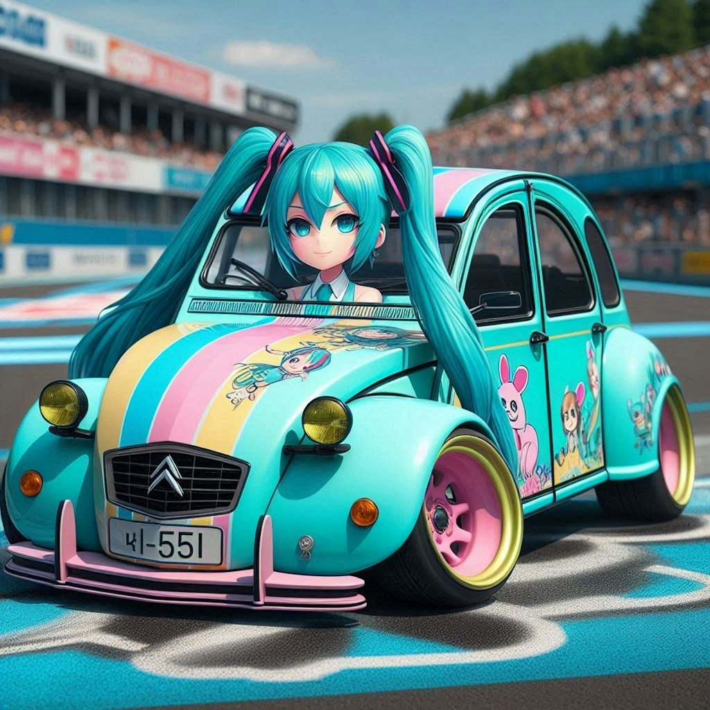 初音ミクカラーのシトロエン2CVのドリ車