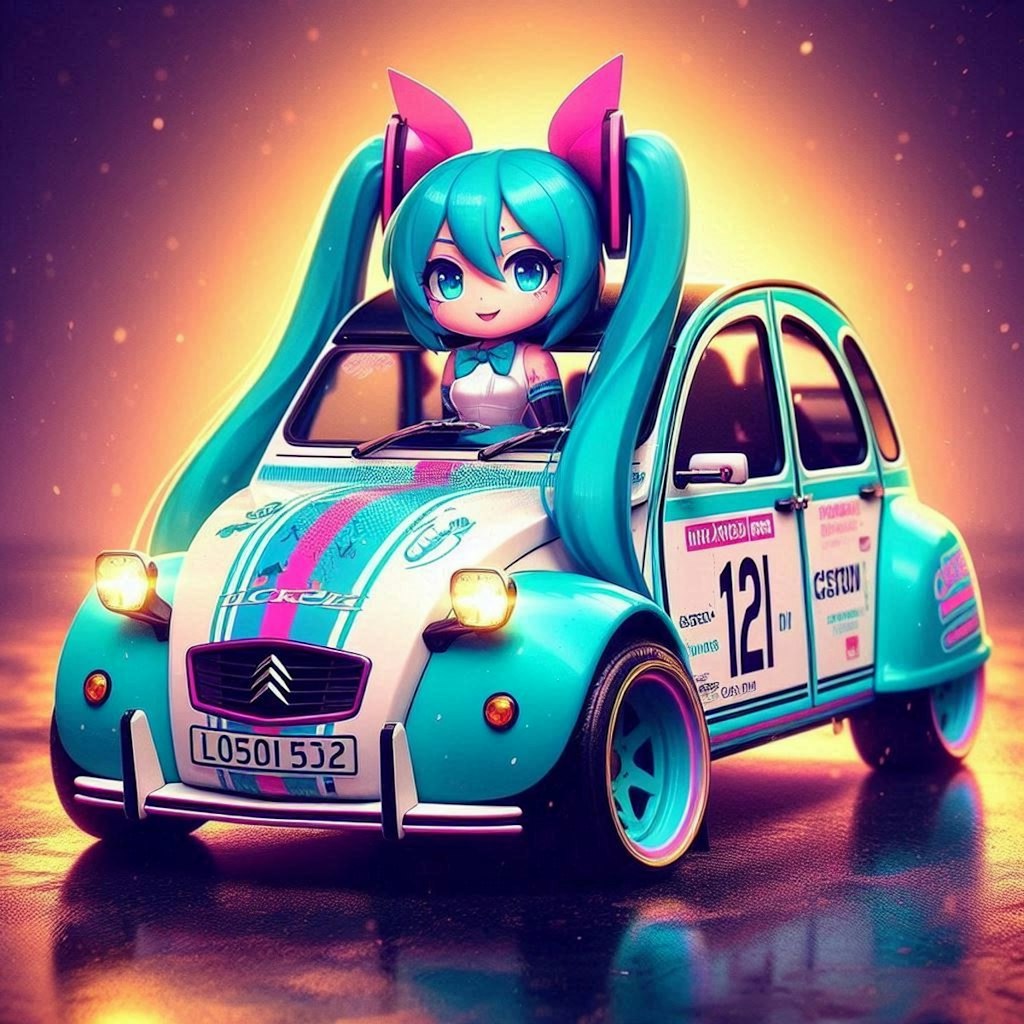 初音ミクカラーのシトロエン2CVのドリ車