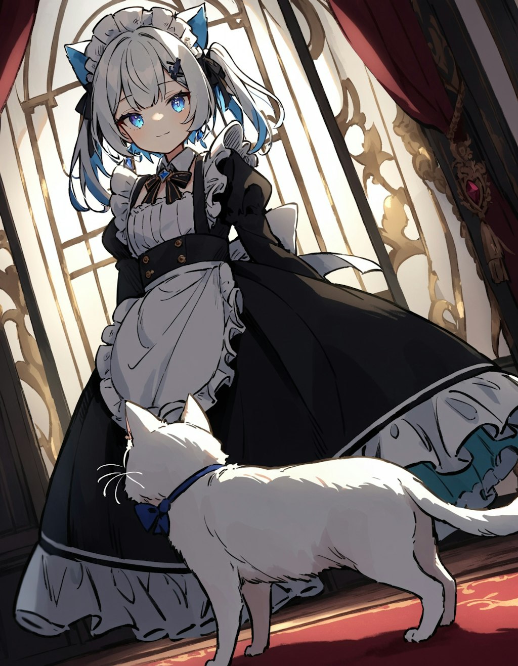 maid with white cat