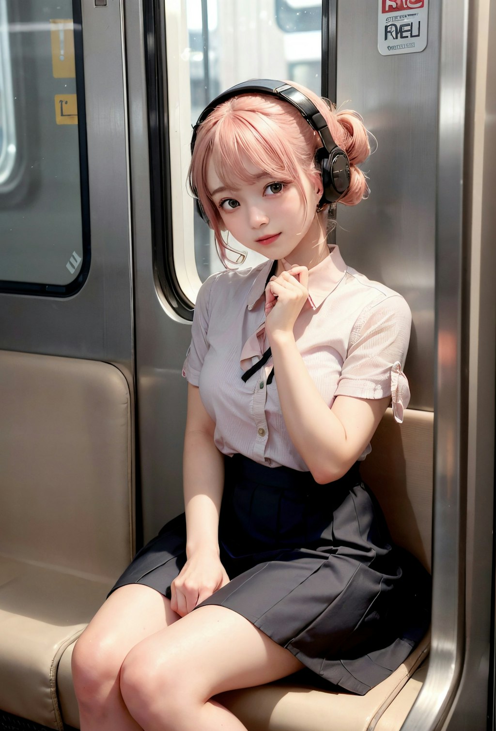 電車の中で音楽を聴く女子高生