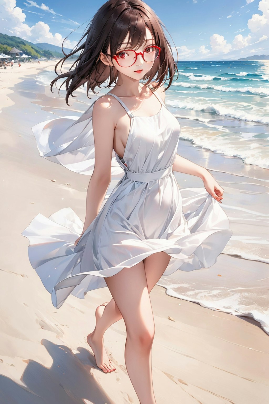 眼鏡女子 楓の浜辺の散歩