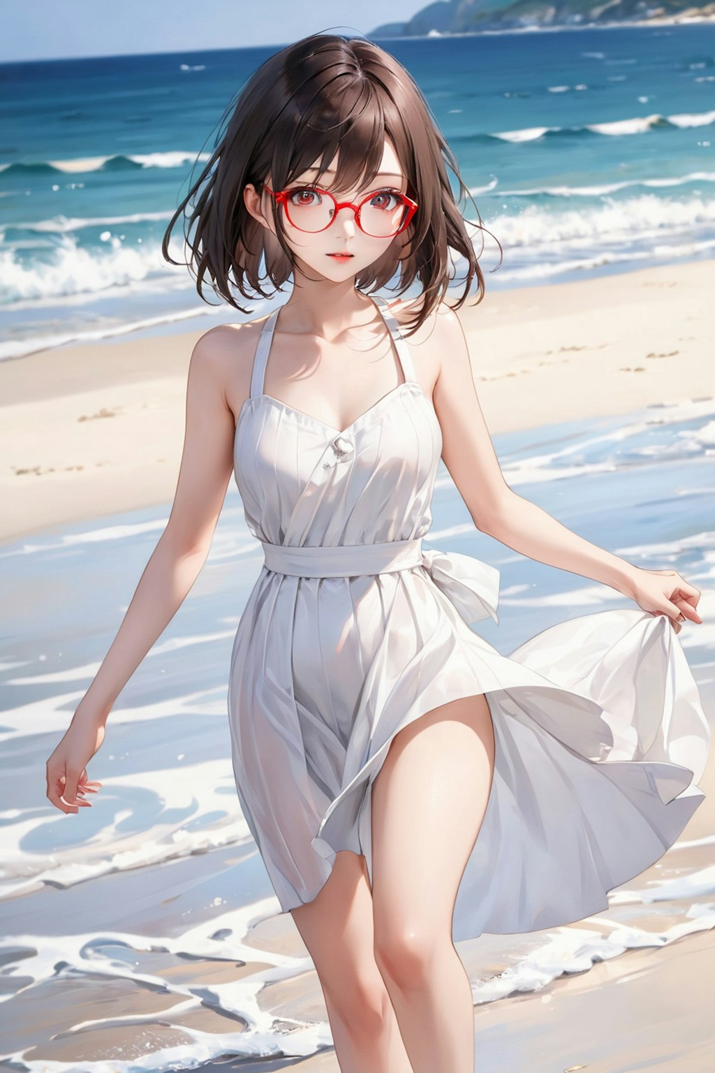 眼鏡女子 楓の浜辺の散歩