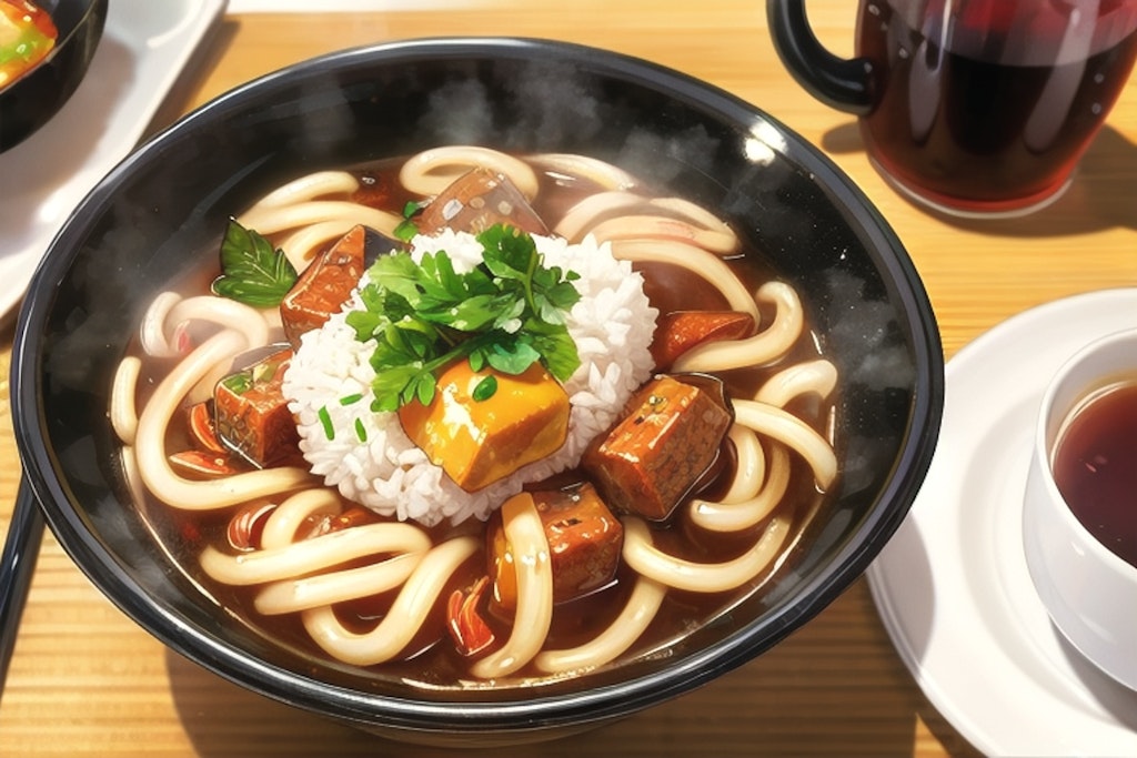 カレーうどんと冷たいお茶(締めのご飯、もう乗せちゃう風)_20240924