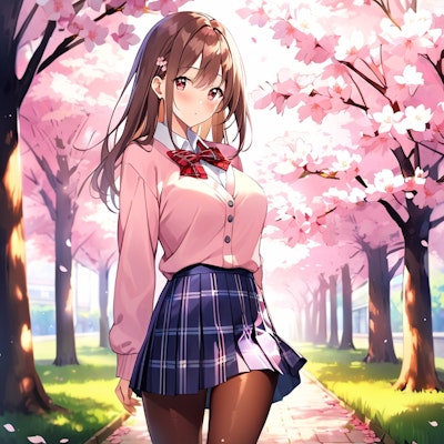 桜並木を歩きながらお花見している女子高生