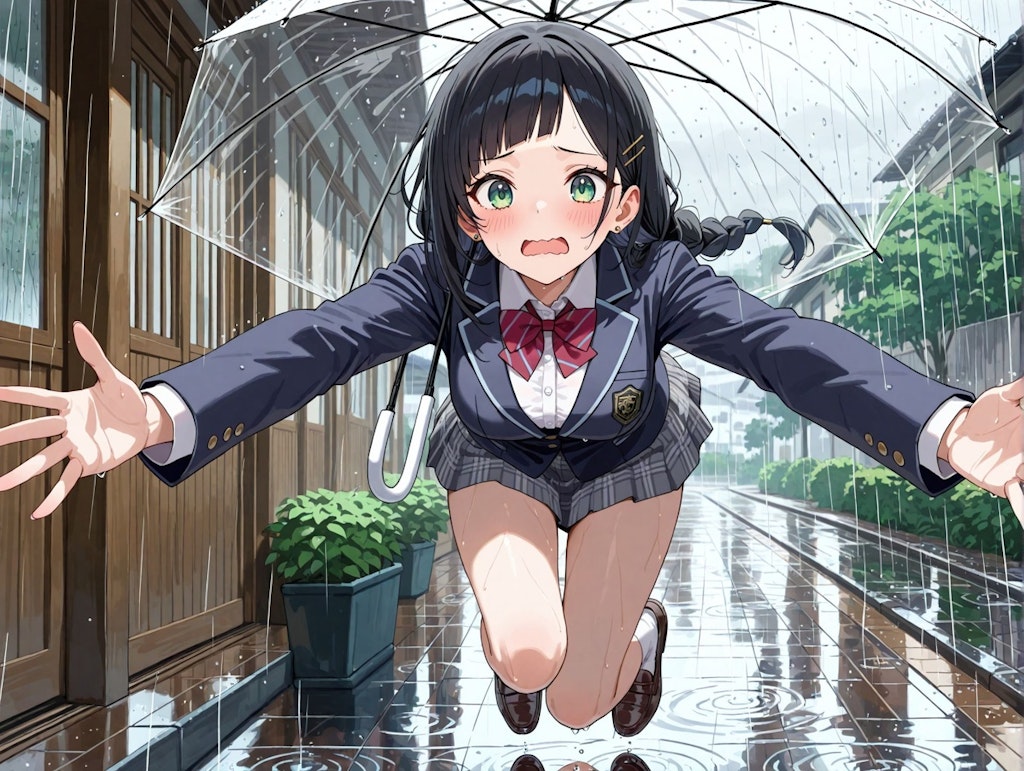 ビニール傘をさしての登校