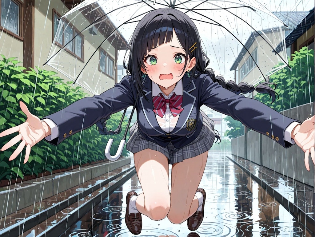 ビニール傘をさしての登校