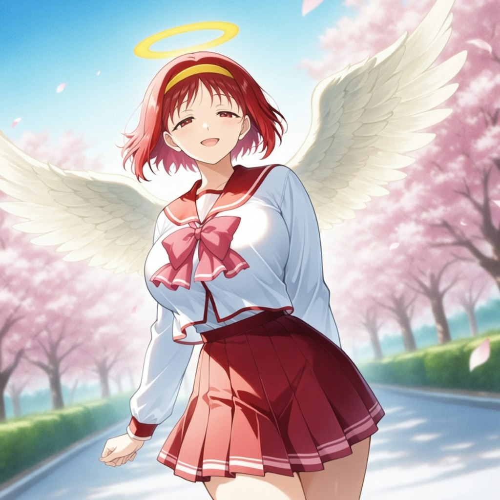 水墨画風、薔薇とタレ目制服天使少女