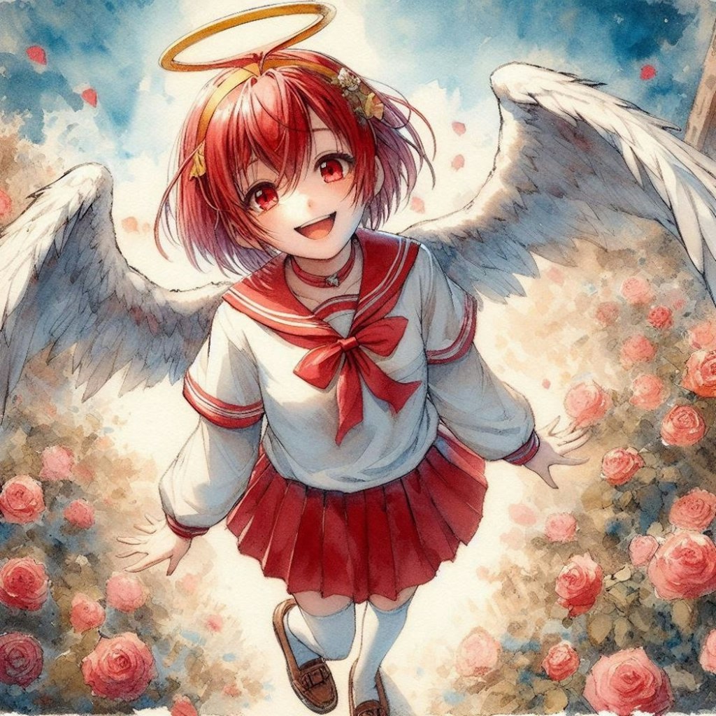 水墨画風、薔薇とタレ目制服天使少女
