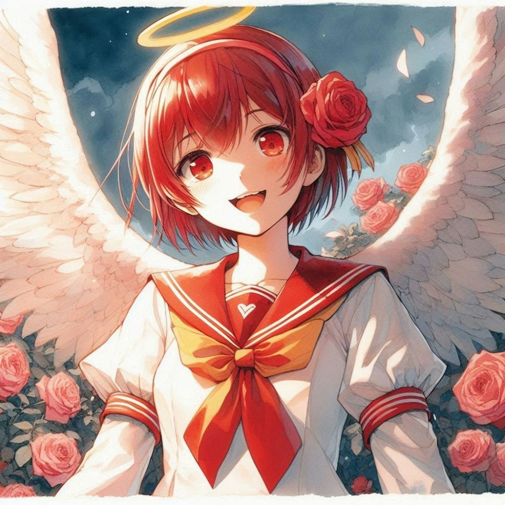 水墨画風、薔薇とタレ目制服天使少女