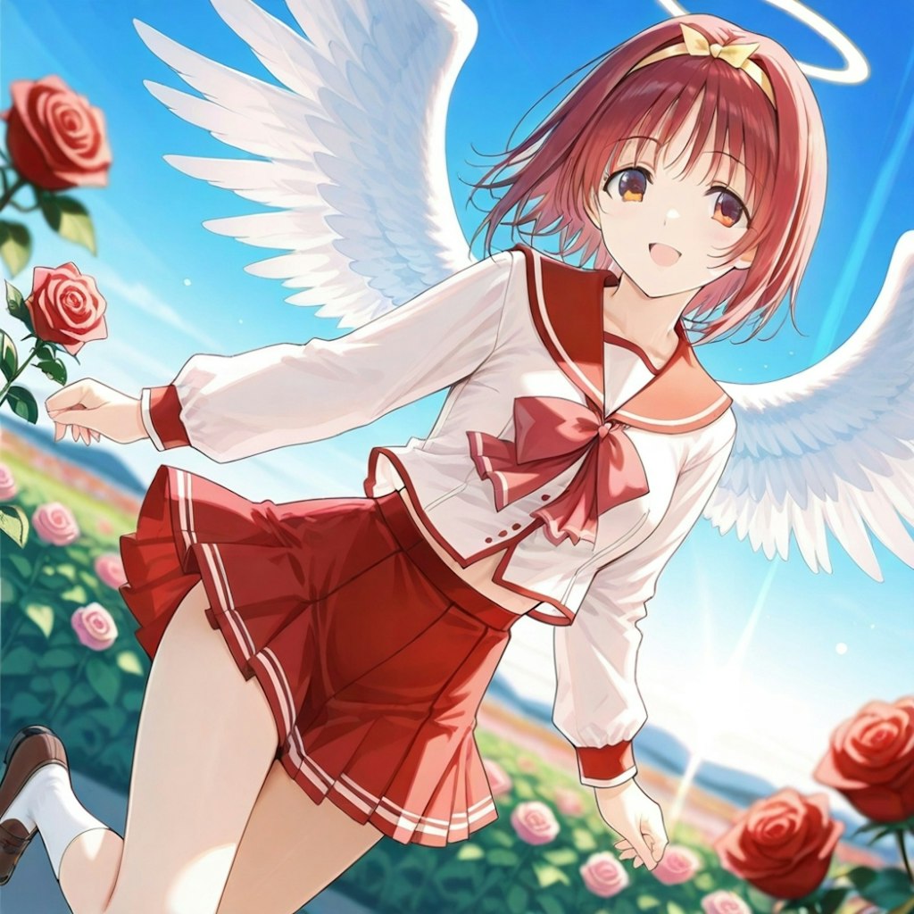 水墨画風、薔薇とタレ目制服天使少女