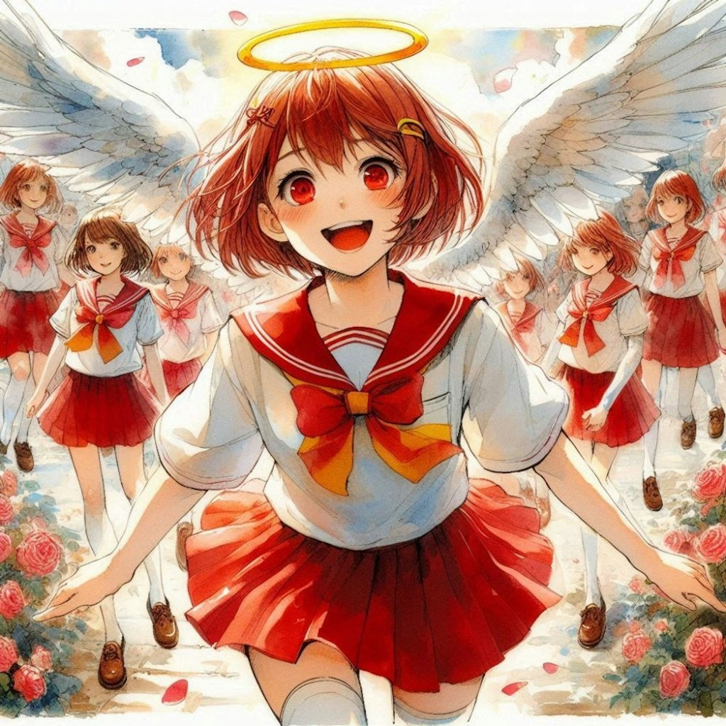 水墨画風、薔薇とタレ目制服天使少女