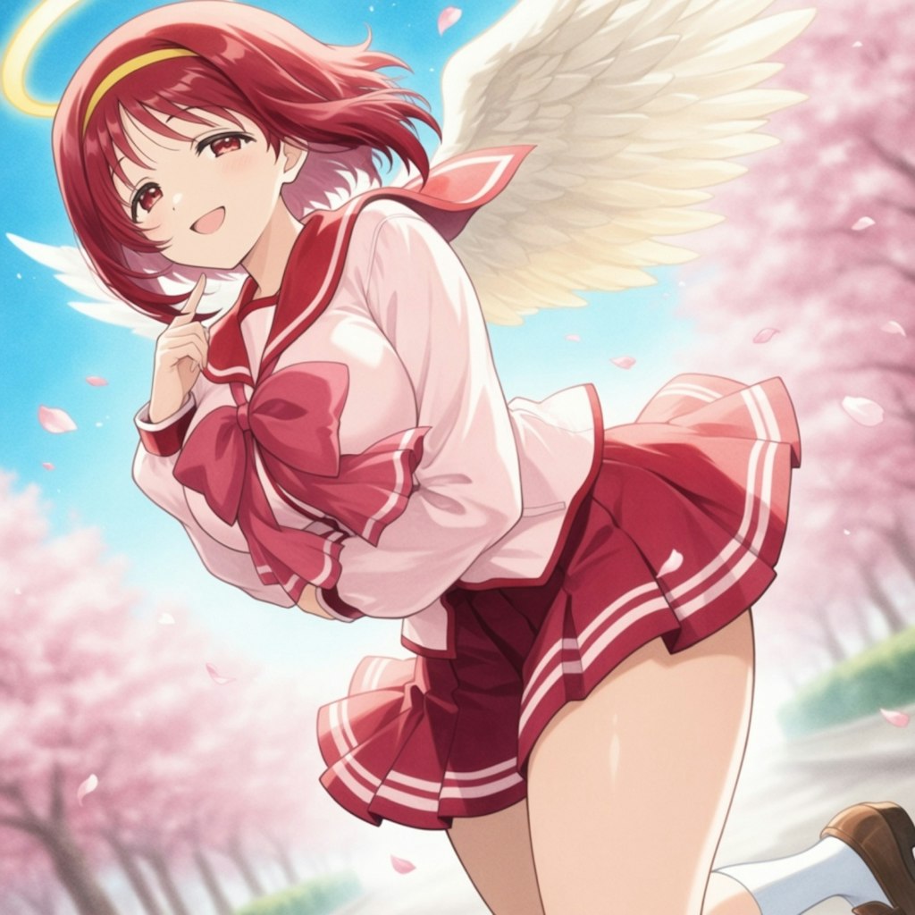 水墨画風、薔薇とタレ目制服天使少女