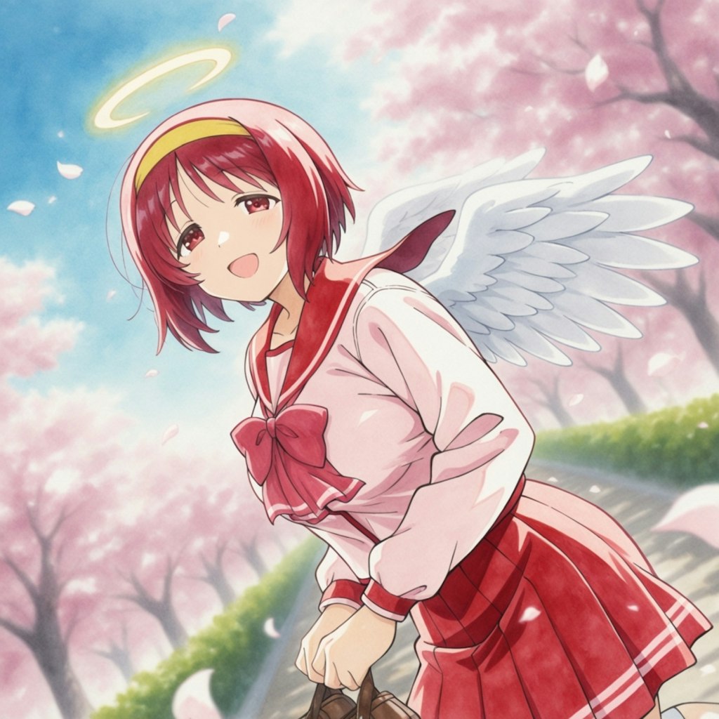 水墨画風、薔薇とタレ目制服天使少女