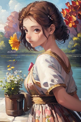 花と水辺と少女