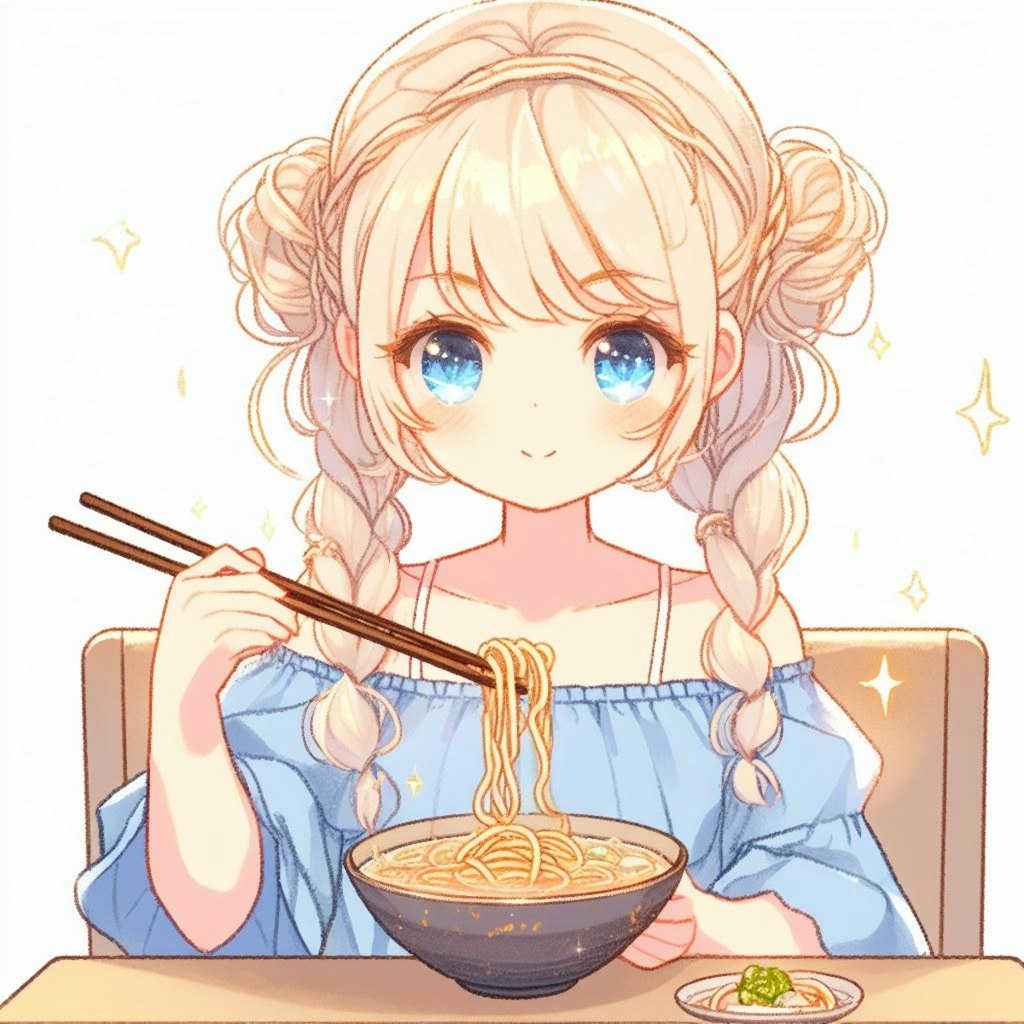 ラーメンを食べるエルルちゃん