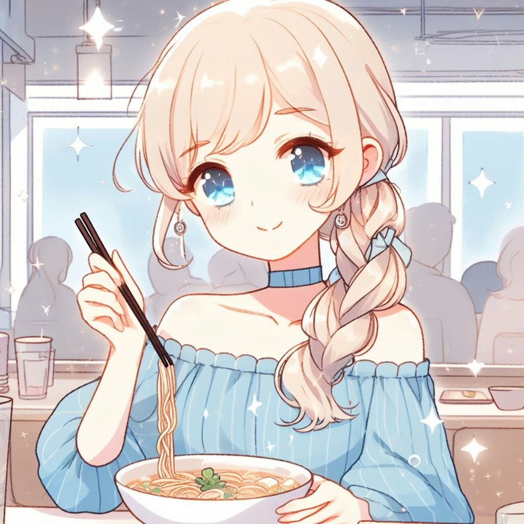 ラーメンを食べるエルルちゃん