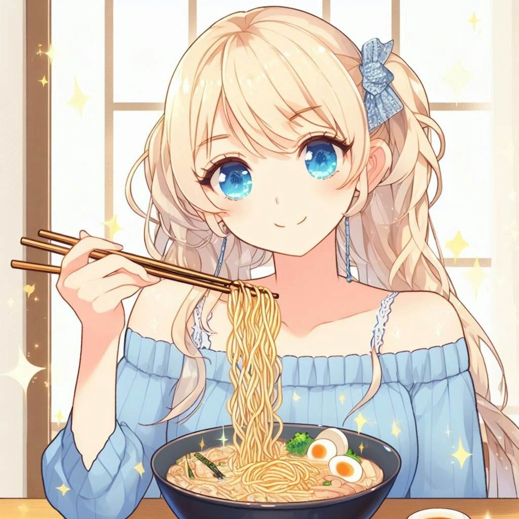 ラーメンを食べるエルルちゃん