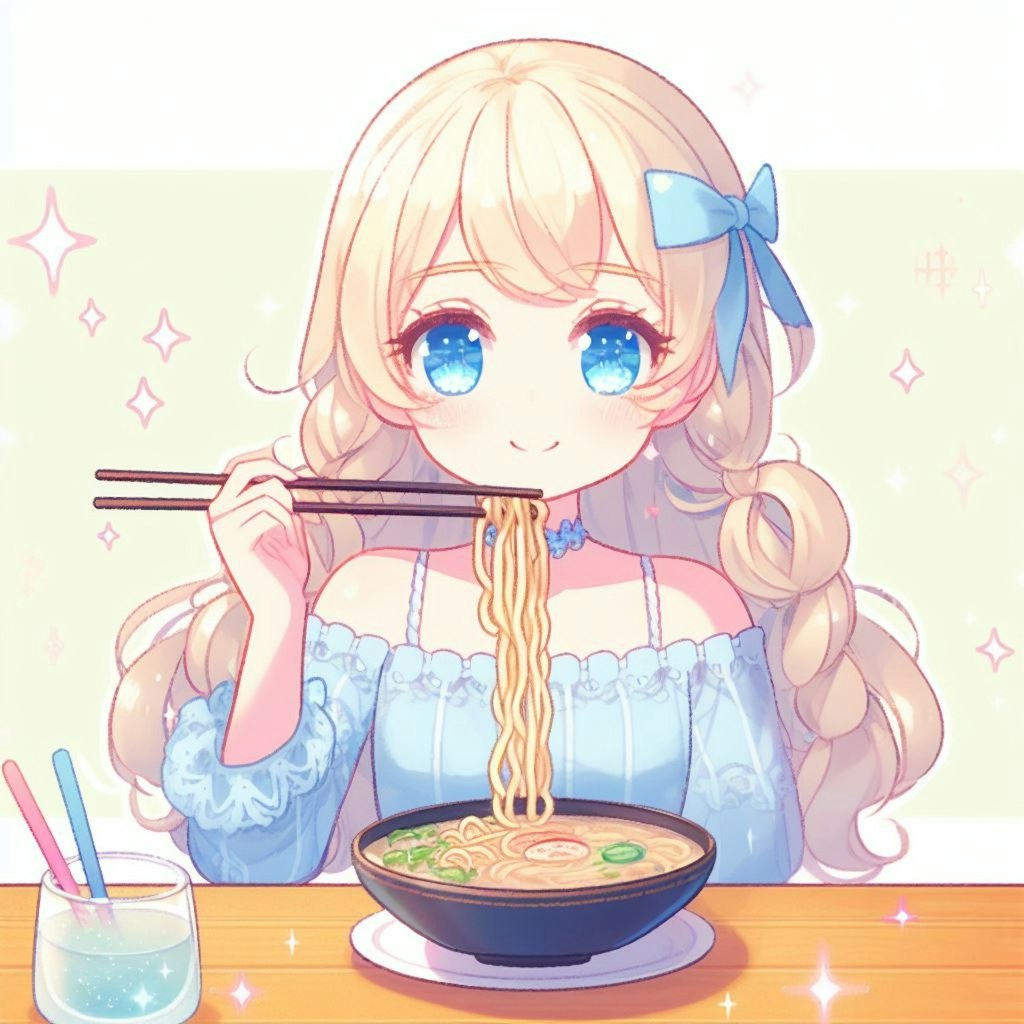 ラーメンを食べるエルルちゃん