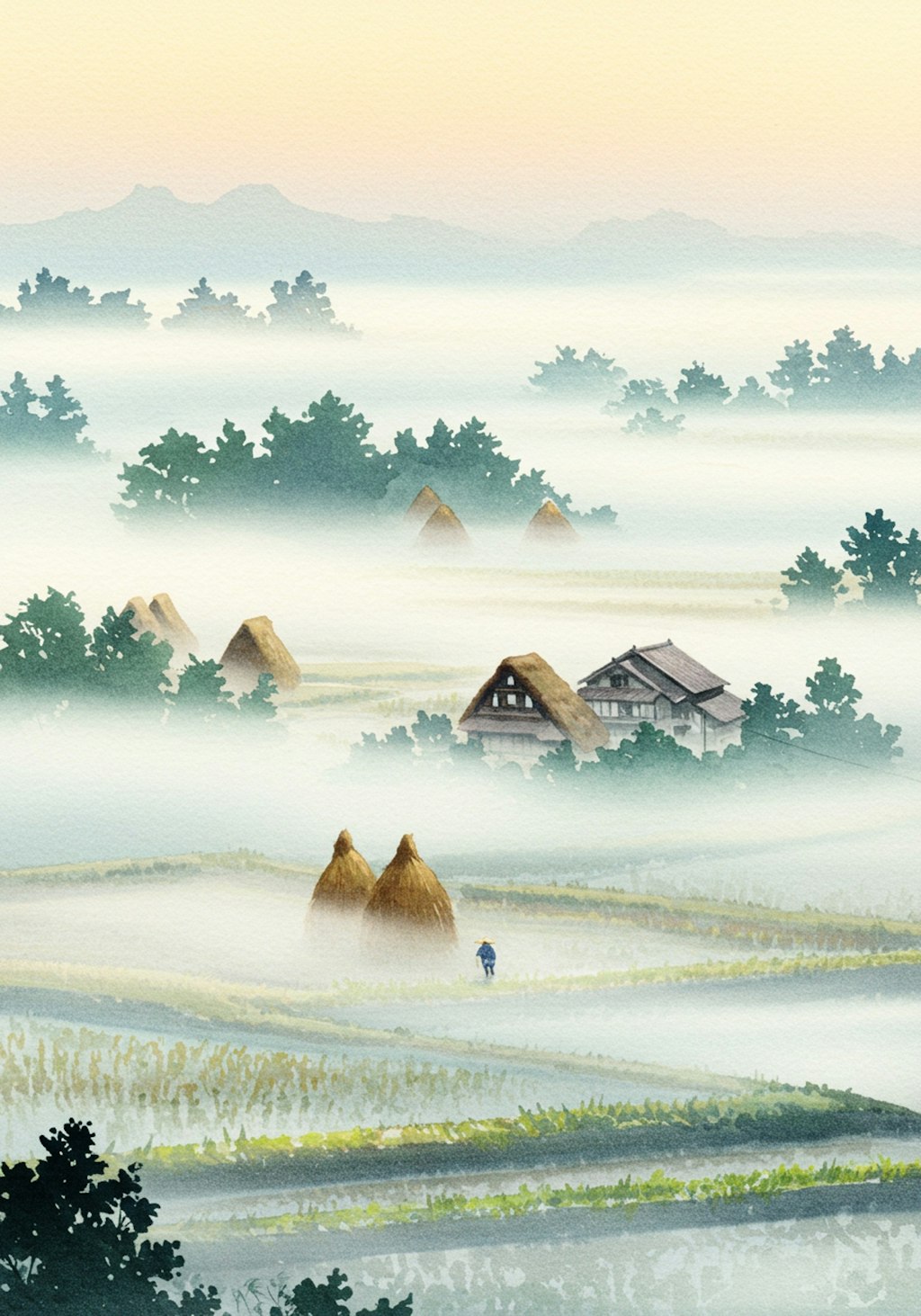 朝霞～積み藁のある風景