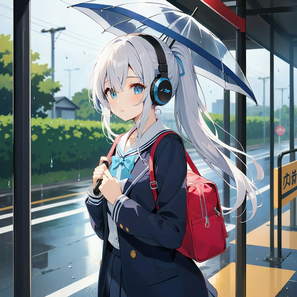 雨の日のバス停