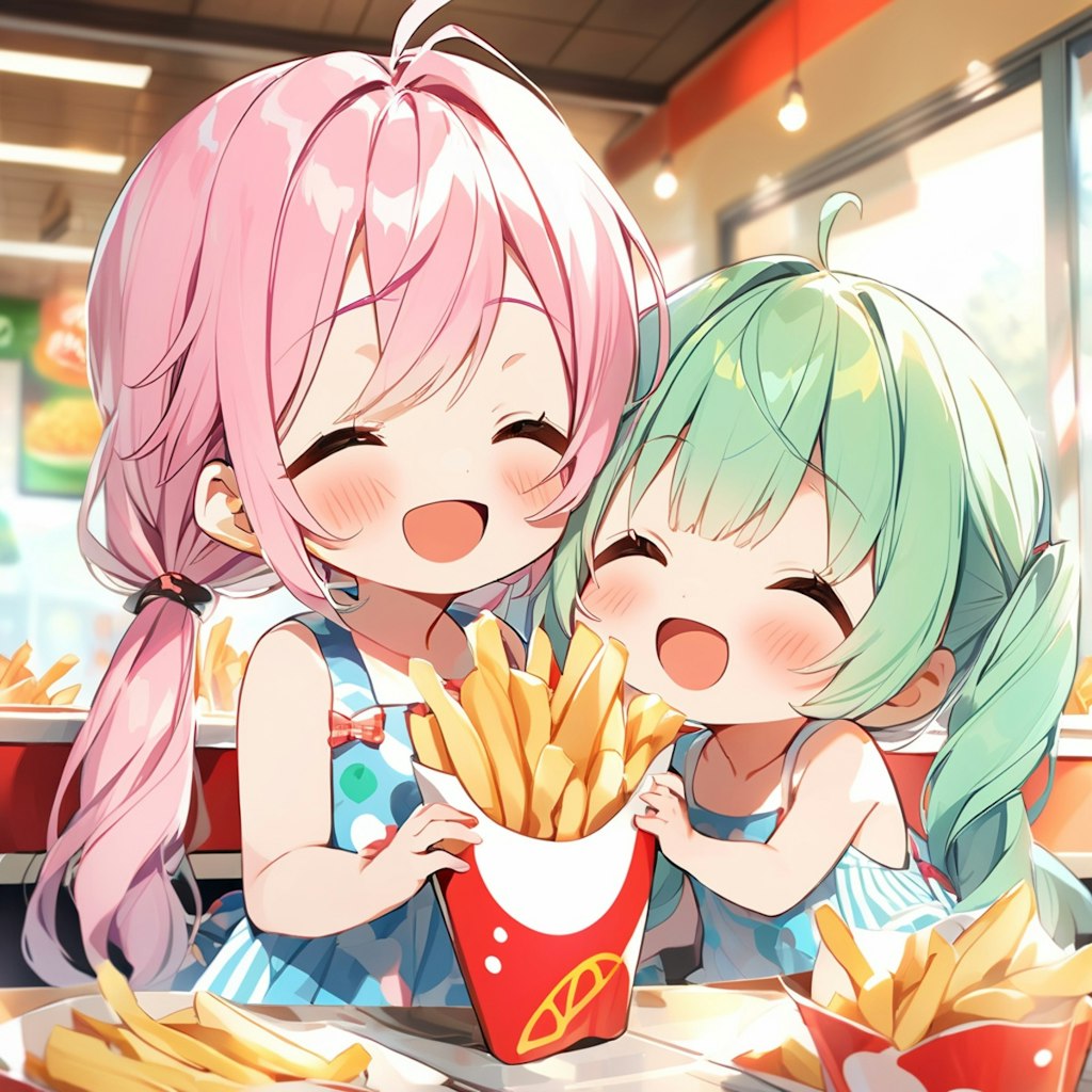 仲良くフライドポテトを食べる小さな女の子たち