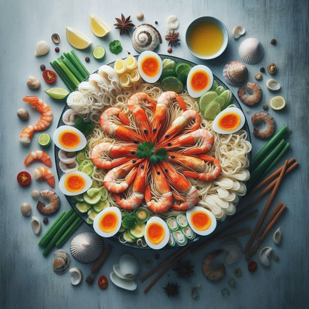 シンメトリー構図のseafood noodle